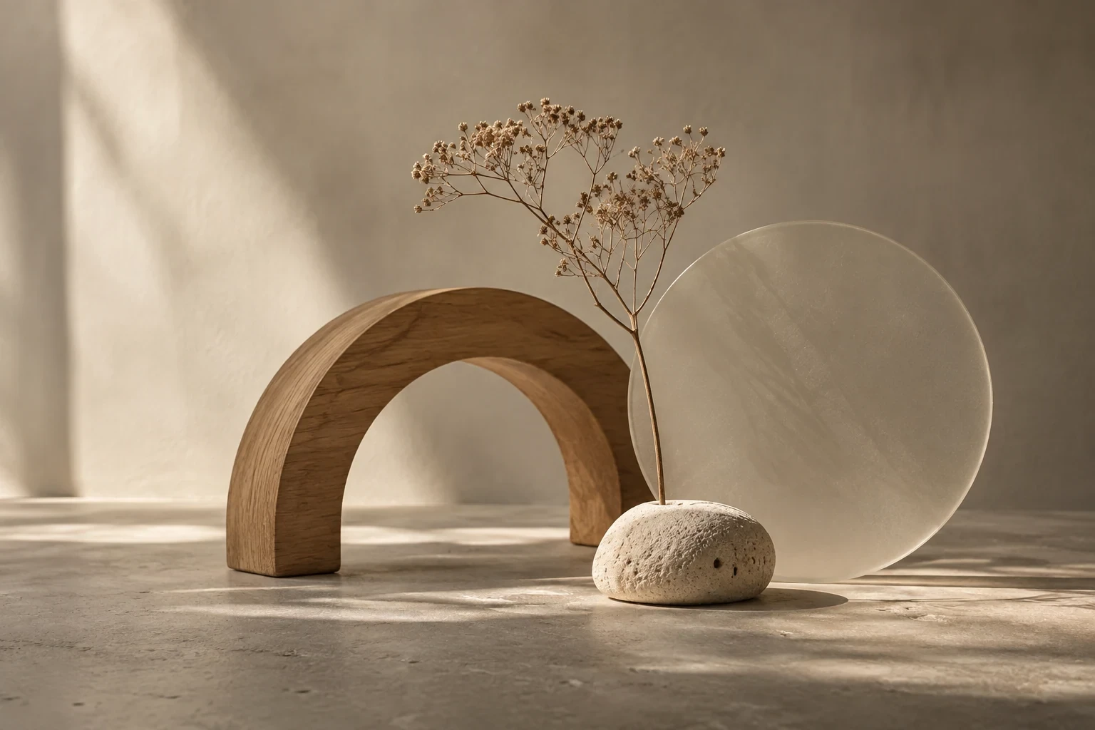 A fine dry flower stem on a low porous stone holder, an oak arch and translucent circle, warm taupe minimalist set