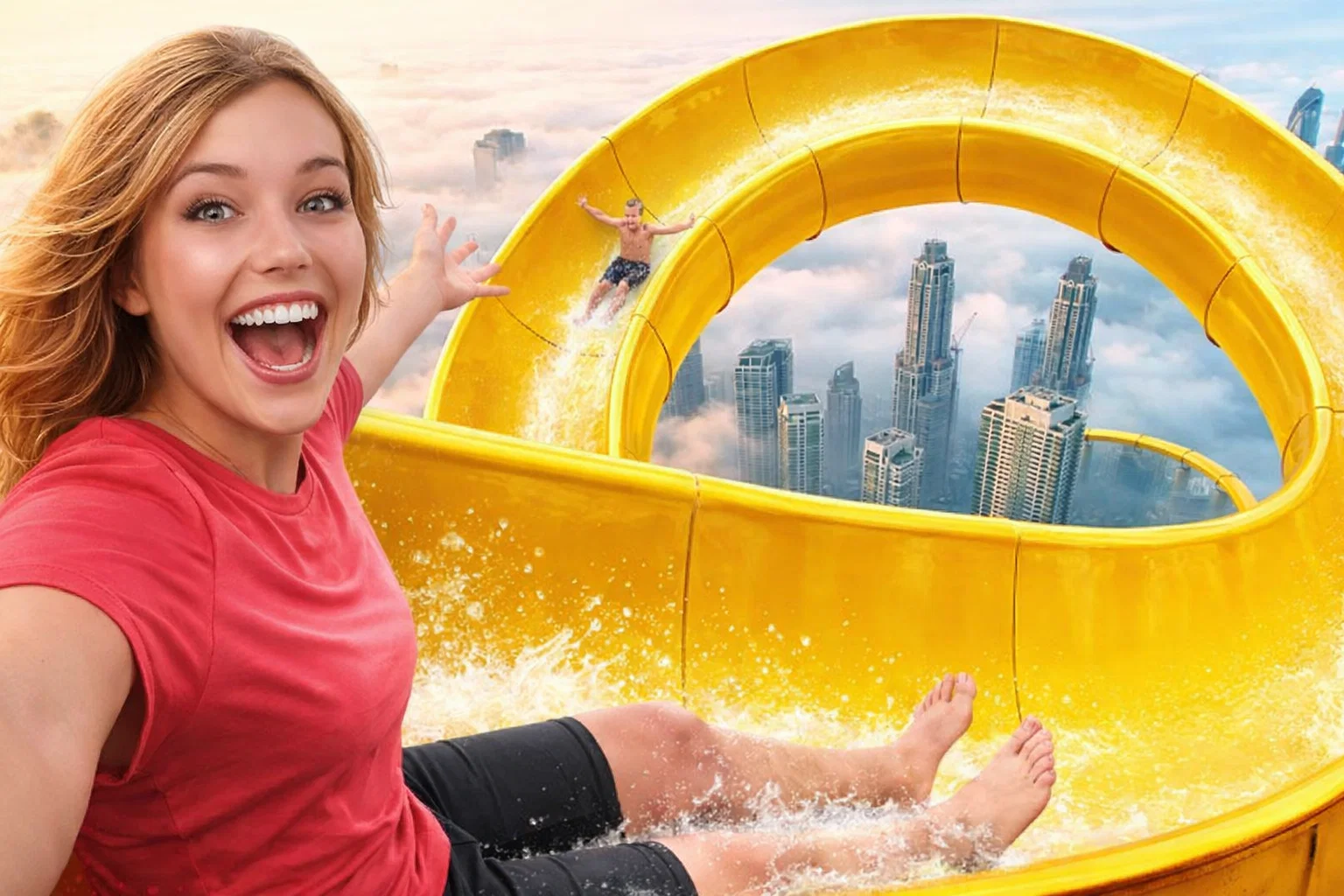 Woman on a yellow waterslide, smiling. Man on slide behind her, city skyline in background.