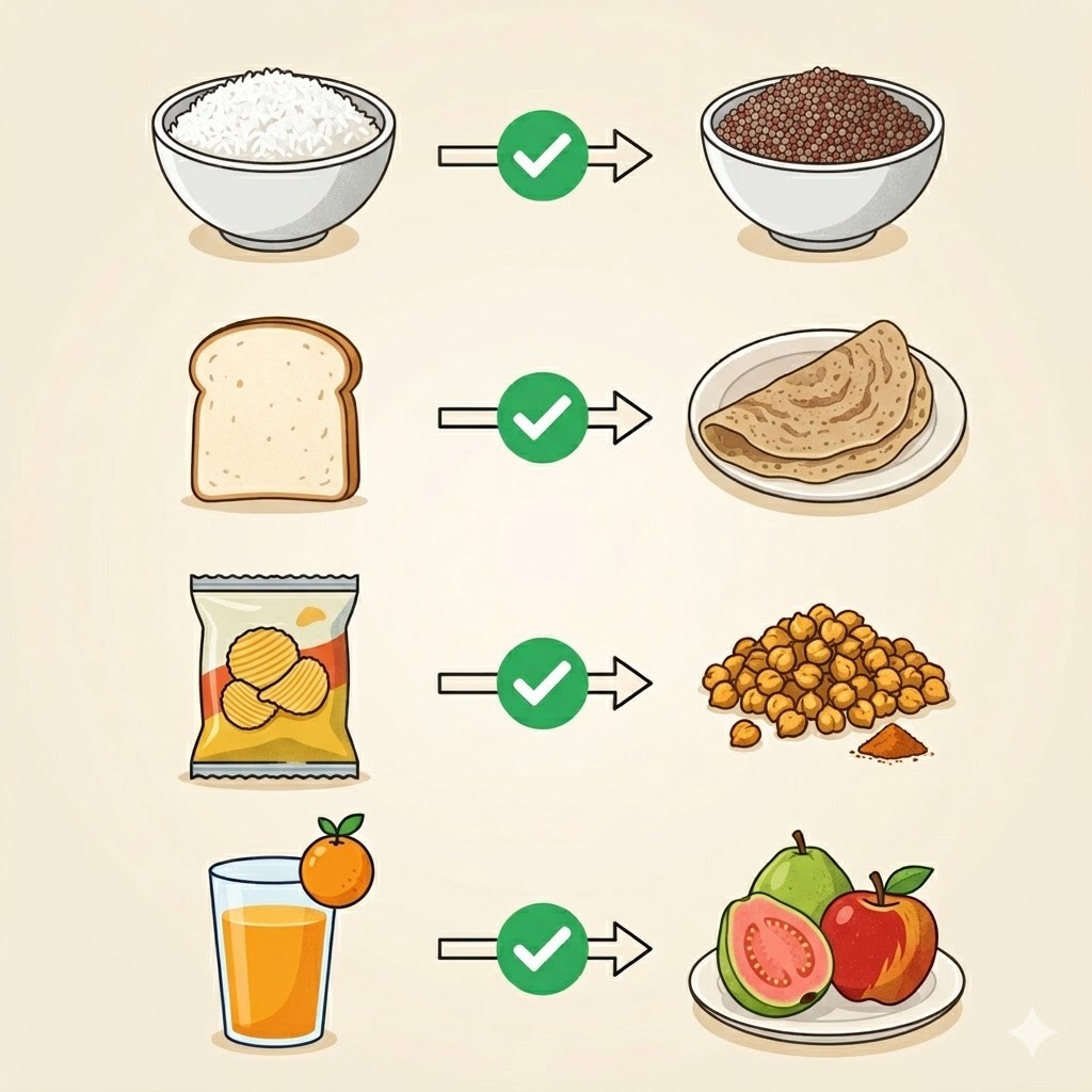 A vector illustration with a beige background featuring four rows comparing common food choices. In each row, an unhealthy food is shown on the left and a healthy alternative is shown on the right, linked by a green checkmark arrow. The rows show white rice versus red quinoa; white bread versus a crepe-like flatbread; a bag of chips versus dried chickpeas and paprika; and a glass of orange juice versus fresh whole guavas and an apple.
