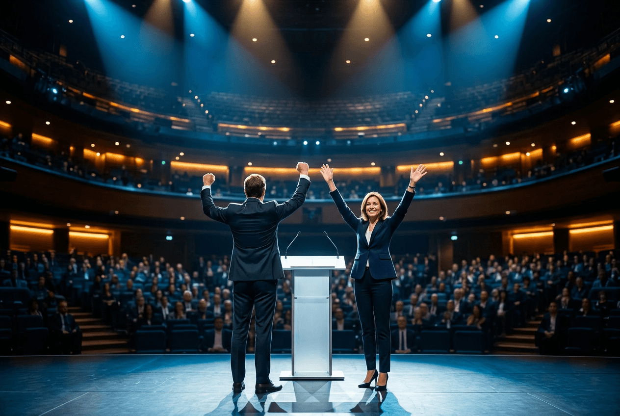 An executive and a leadership coach arms raise
