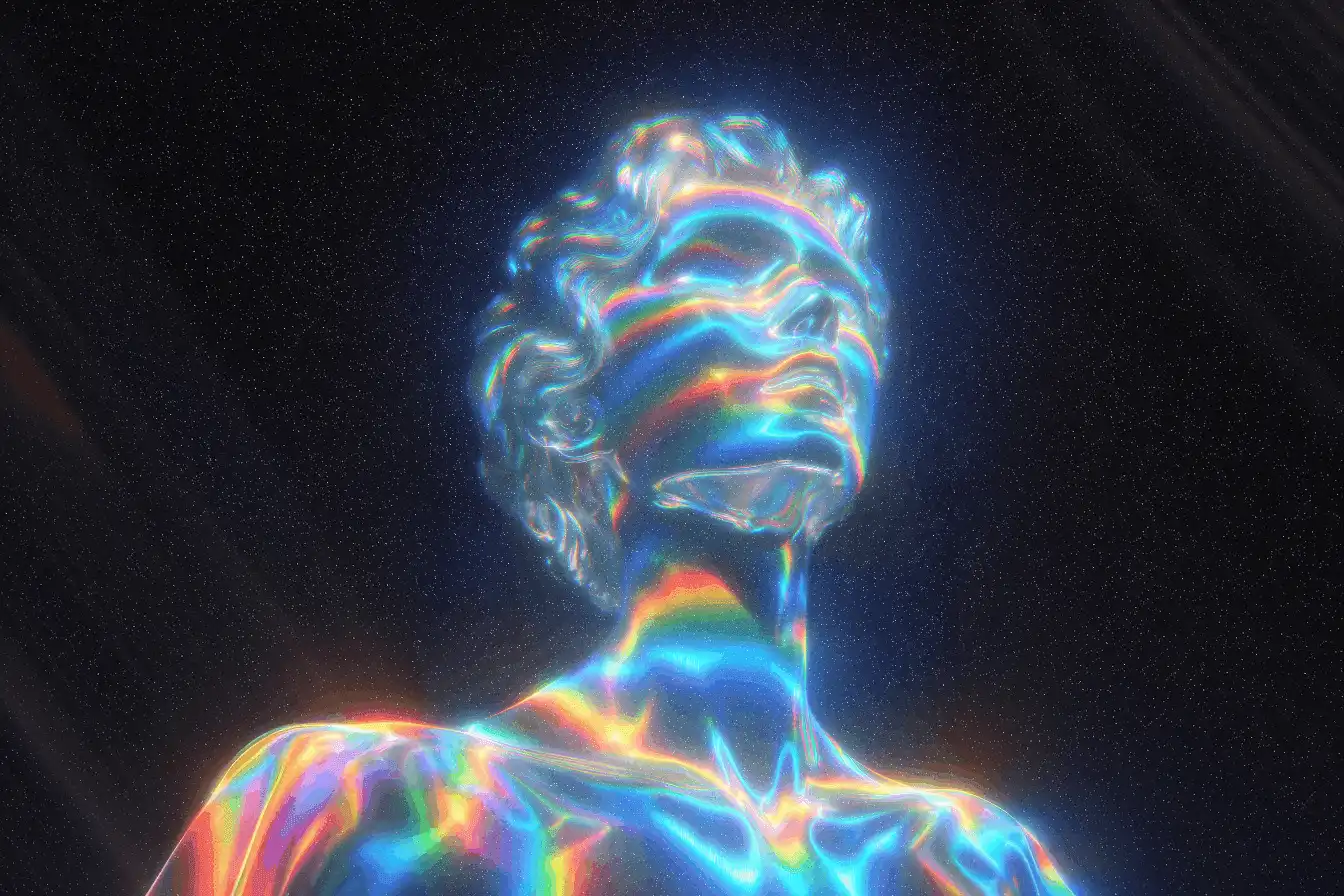 Iridescent holographic human figure glowing against a dark cosmic background.