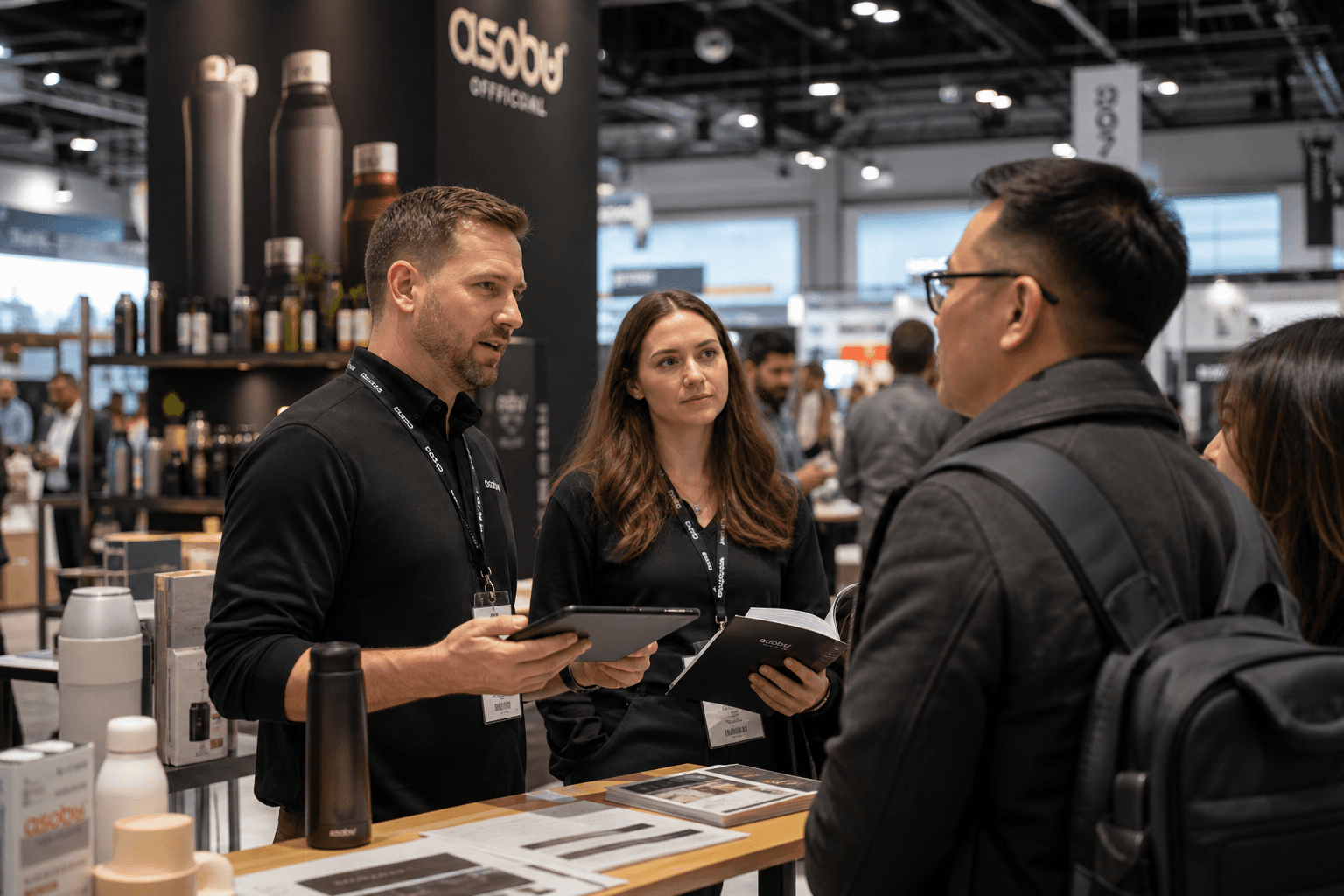 Candid scene at a busy indoor B2B trade show where two sales representatives stand behind a modern, branded booth, speaking with a retail buyer. One rep holds a tablet while the other references a catalog, explaining product features displayed on the counter, including bottles and packaged goods. The buyer listens attentively, wearing a backpack. The background shows a softly blurred crowd of attendees and neighboring booths, with natural lighting and a shallow depth of field creating a documentary-style, unposed atmosphere.