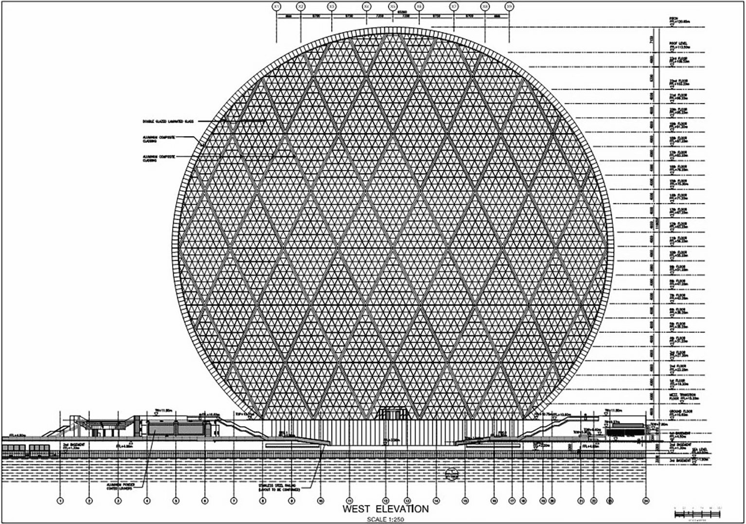 Technical elevation drawing showing Aldar HQ’s diagrid steel structure