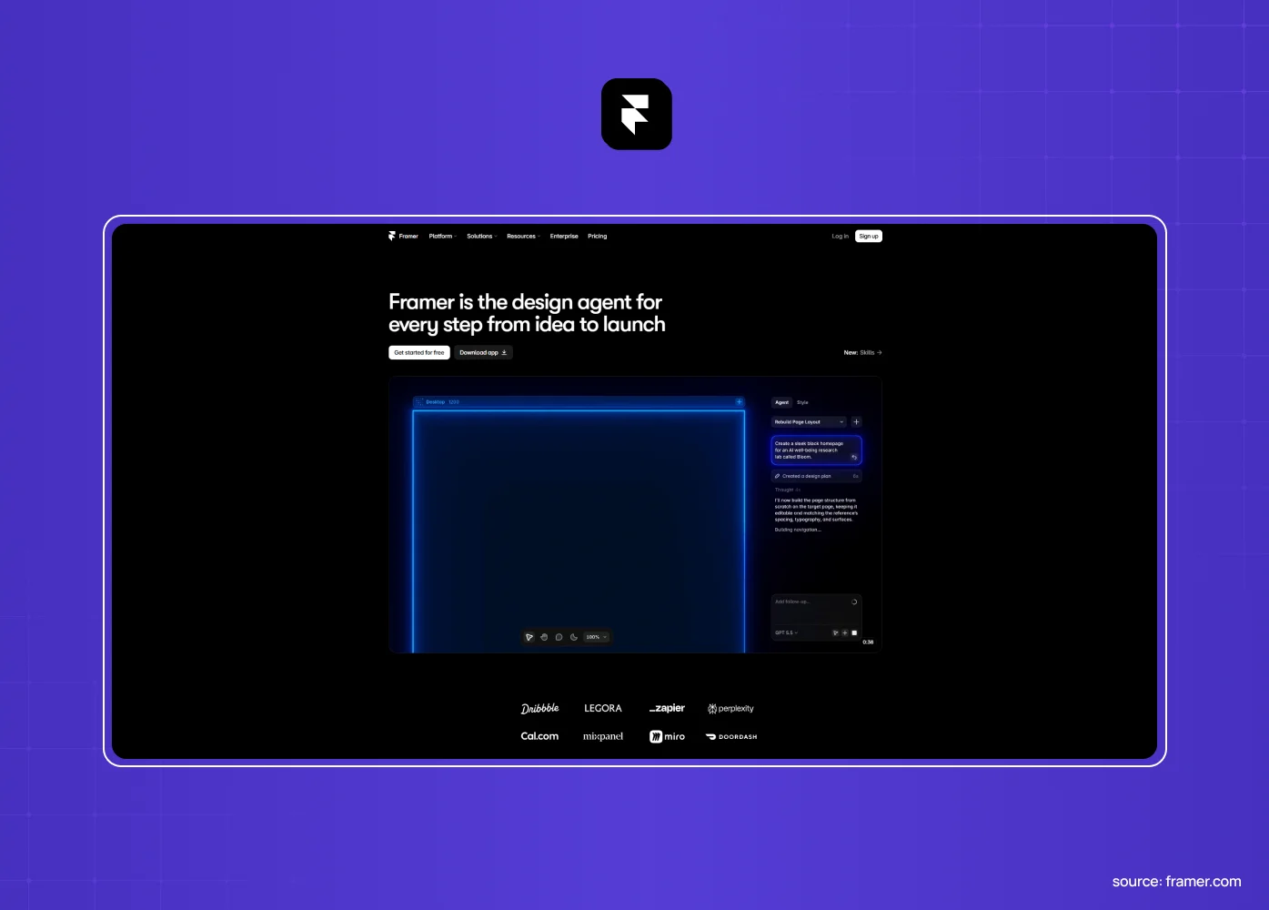 Framer homepage screenshot showing the design agent for every step from idea to launch headline above the site-building canvas.