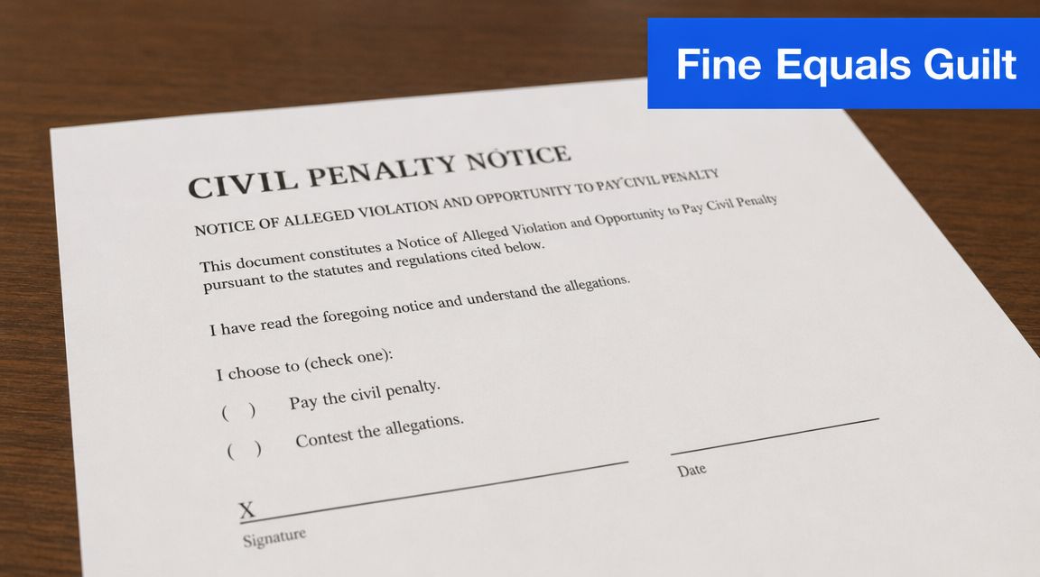 A document titled Civil Penalty Notice on a wooden table with checkboxes to pay or contest.