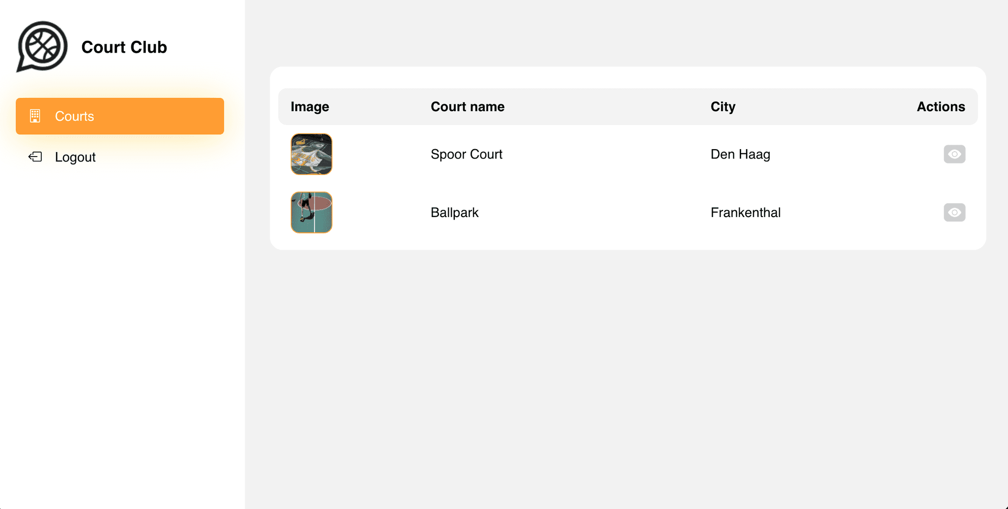 Admin panel overview page with the list of courts