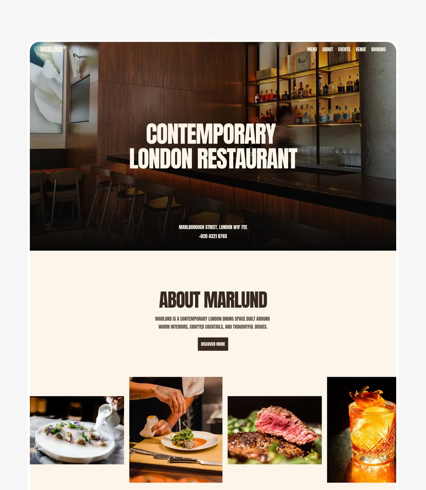 Restaurant website template homepage preview designed for bookings and local traffic