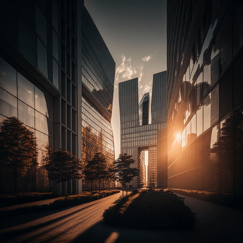 Urban canyon with modern glass skyscrapers at sunset creating dramatic lens flare and long shadows on empty street