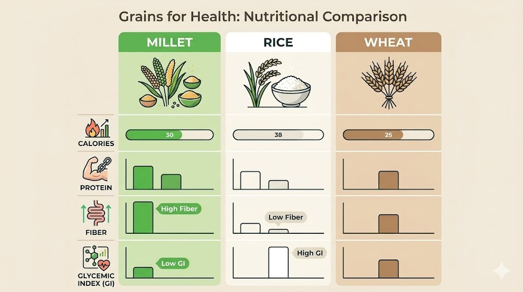 A detailed nutritional comparison chart in an infographic style, contrasting millet, rice, and wheat. It presents data across five key metrics: grams of fat per 100g, fiber content, glycemic index, grams of protein per 100g, and total calories per 100g. Color-coded columns and visual graphs illustrate the significant nutritional differences between these three staples, highlighting millets' high fiber and low glycemic index benefits.