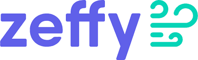 Zeffy logo with purple lowercase text and a teal icon of stylized wind gusts.