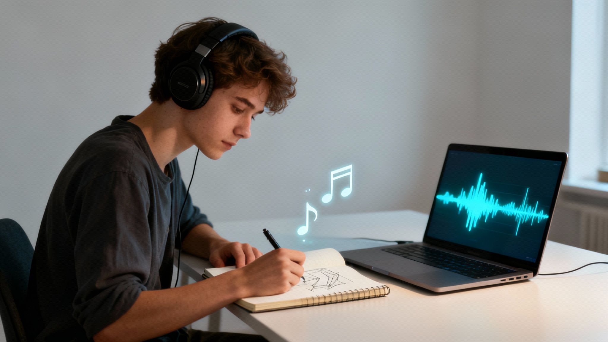 A person writing rap lyrics in a notebook with a laptop and microphone nearby.