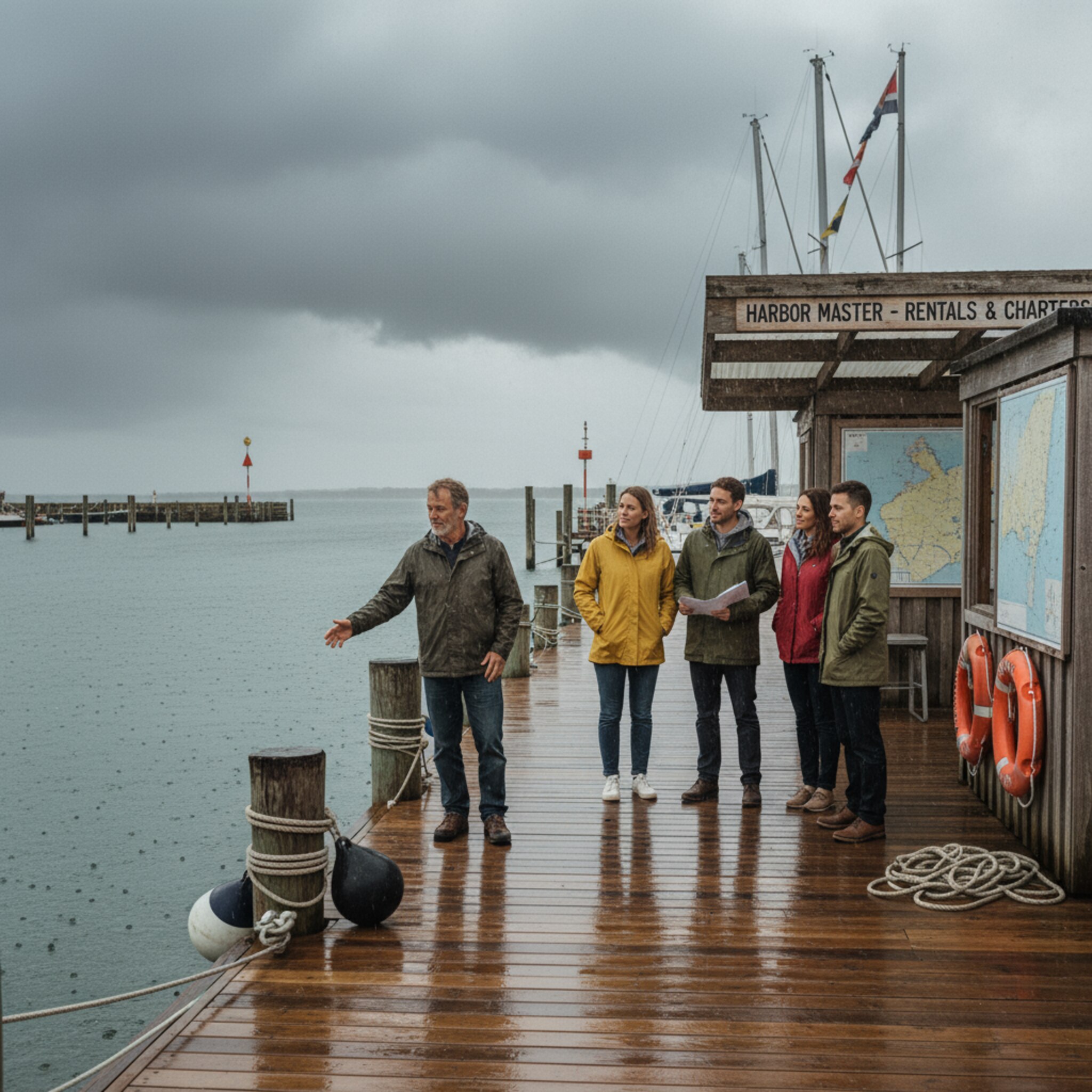 Aufziehende Wolken verdunkeln die Bucht, feine Tropfen kräuseln die Oberfläche. Der Hafenmeister prüft Leinen und Fender, ruft kurze Anweisungen über den Steg. Eine Gruppe im leichten Regenjacken wartet unter dem Vordach, blickt auf die Seezeichen und bespricht eine alternative Route.