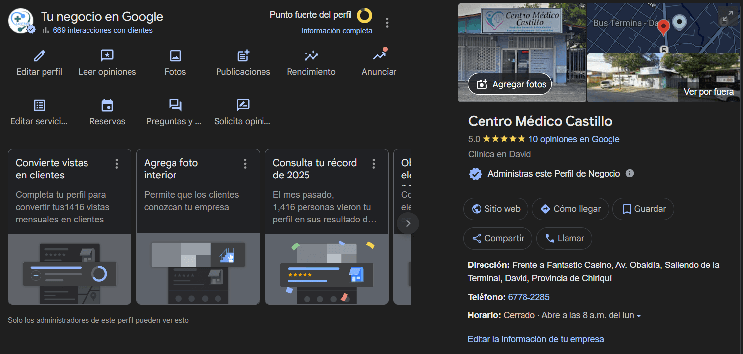 Captura de pantalla del perfil de negocio en Google del Centro Médico Castillo en David, Chiriquí, mostrando que el perfil es administrado por Fresa Marketing como parte de una estrategia de posicionamiento local y gestión profesional en Google Business Profile