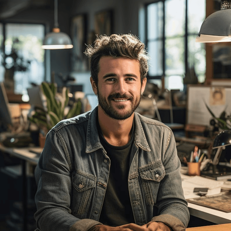 A man with a beard smiles at the camera, seated in a cozy, plant-filled workspace.
