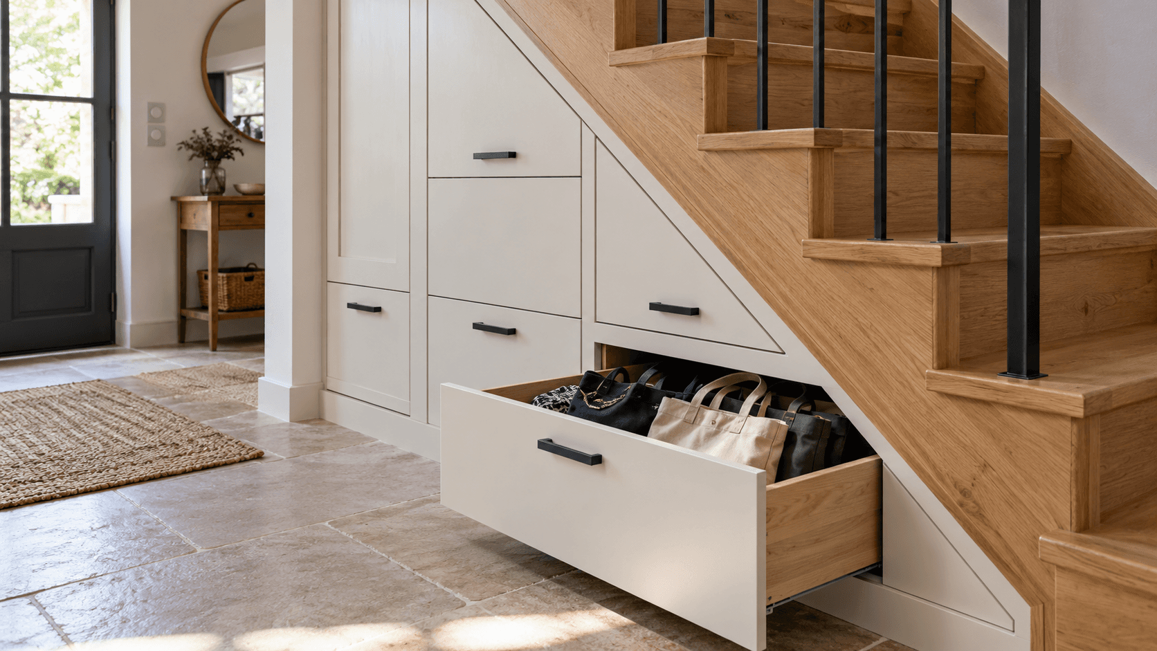 Des placards et un tiroir ouvert contenant des sacs occupent le dessous d’un escalier en bois.