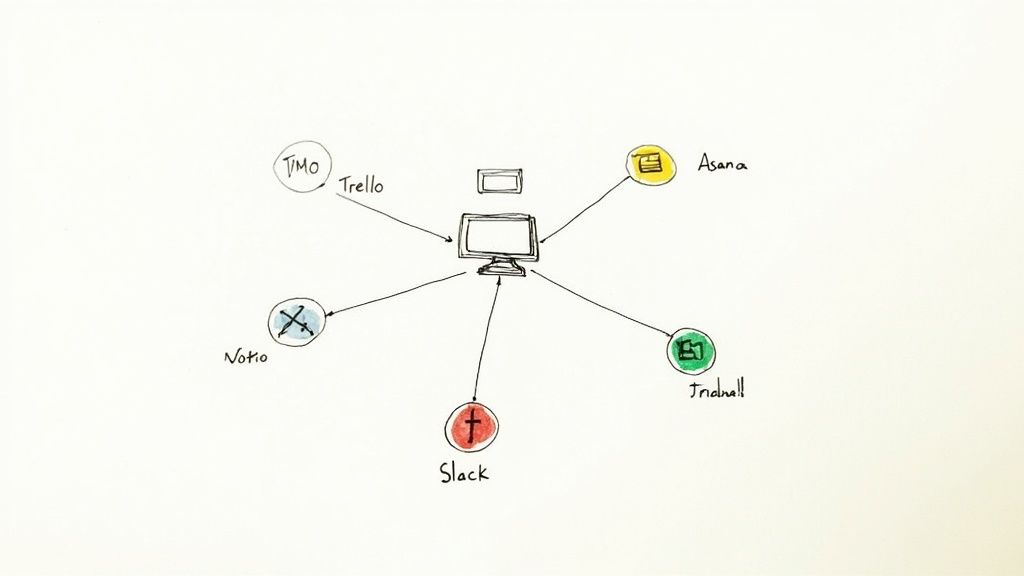 A clean and organized desk with a laptop displaying a project management tool, a notebook, and a coffee cup.