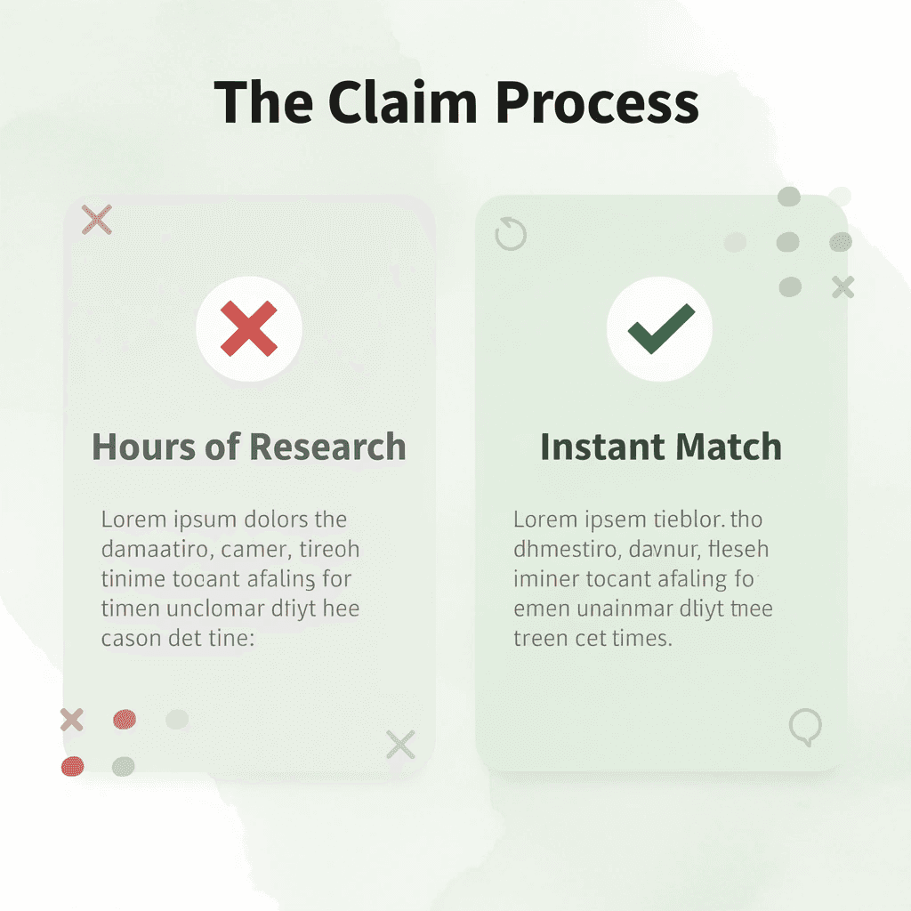 Before and after infographic showing the shift from manual research to instant claim matching