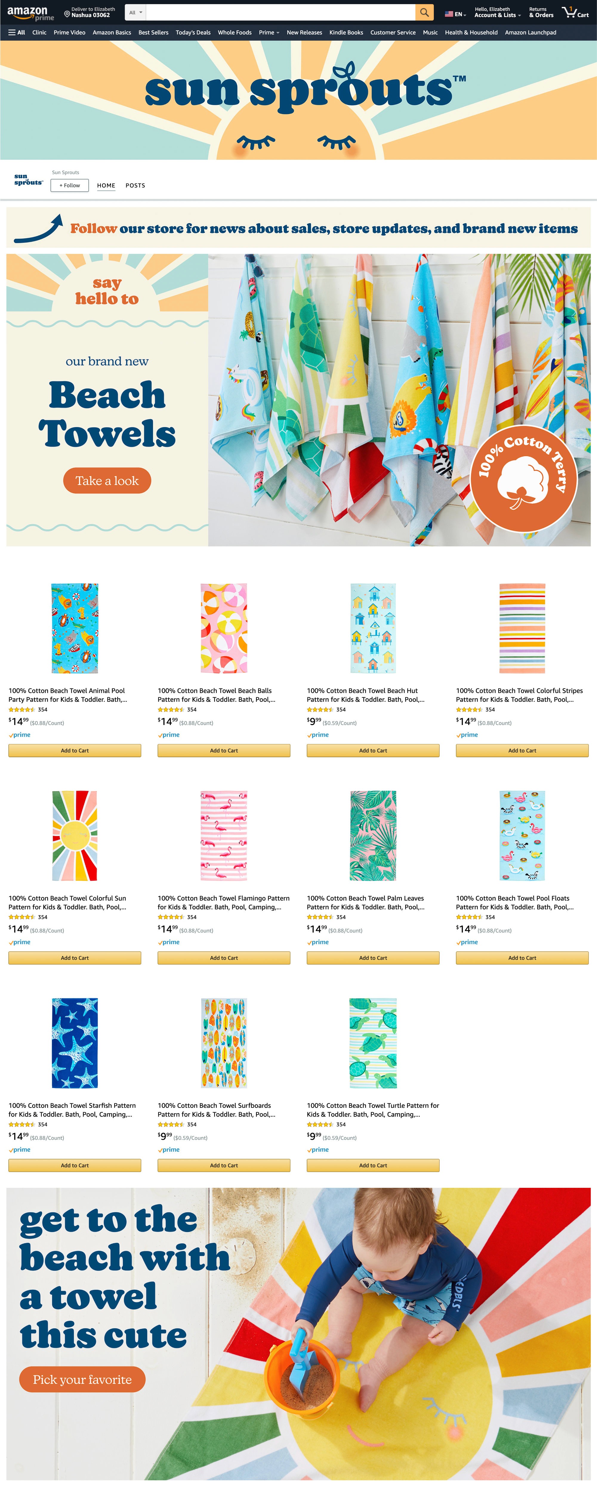 Sun Sprouts’ Amazon shop page showcasing beach towels and sun-based imagery.