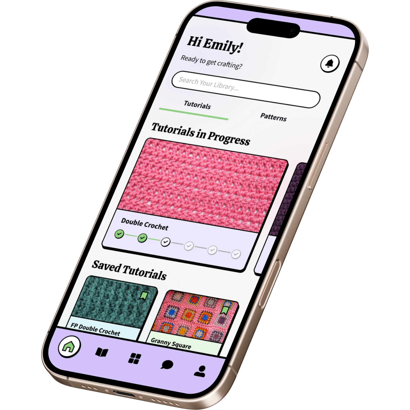 Mockup of a mobile app for a crochet education and community platform, showing a dashboard with progress trackers and colorful yarn designs.