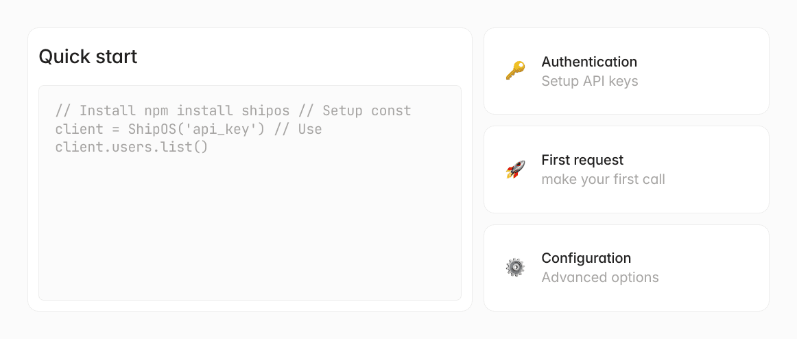 Quick start guide with code, authentication, first request, and configuration options