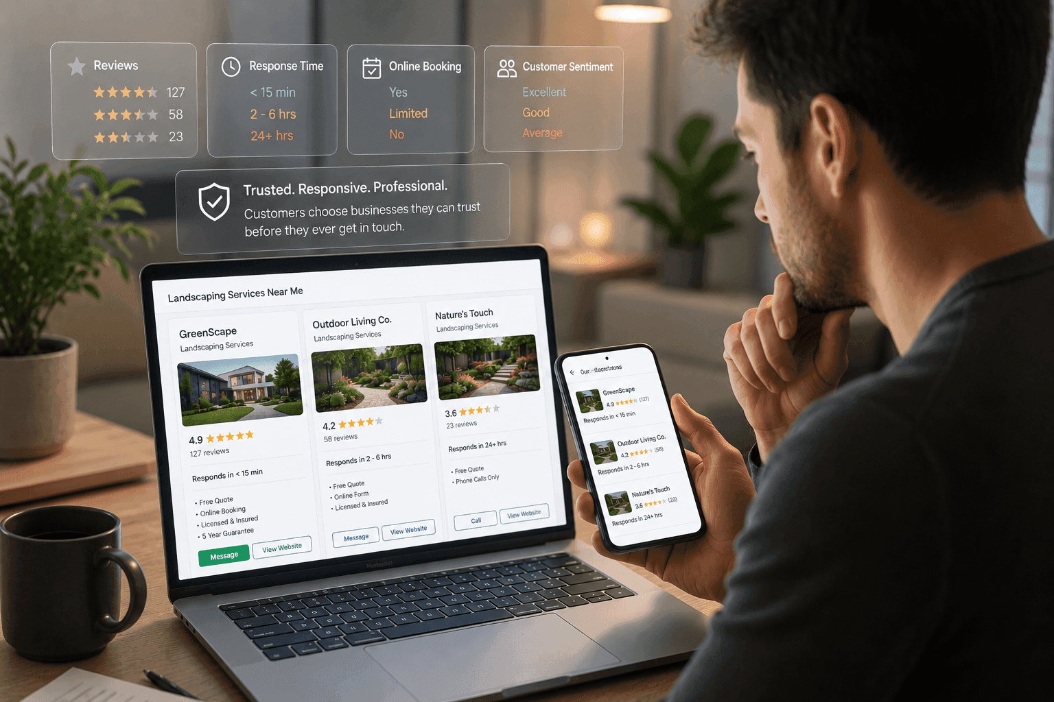 Customer comparing businesses online using reviews, response times, online booking, and professionalism before making contact.