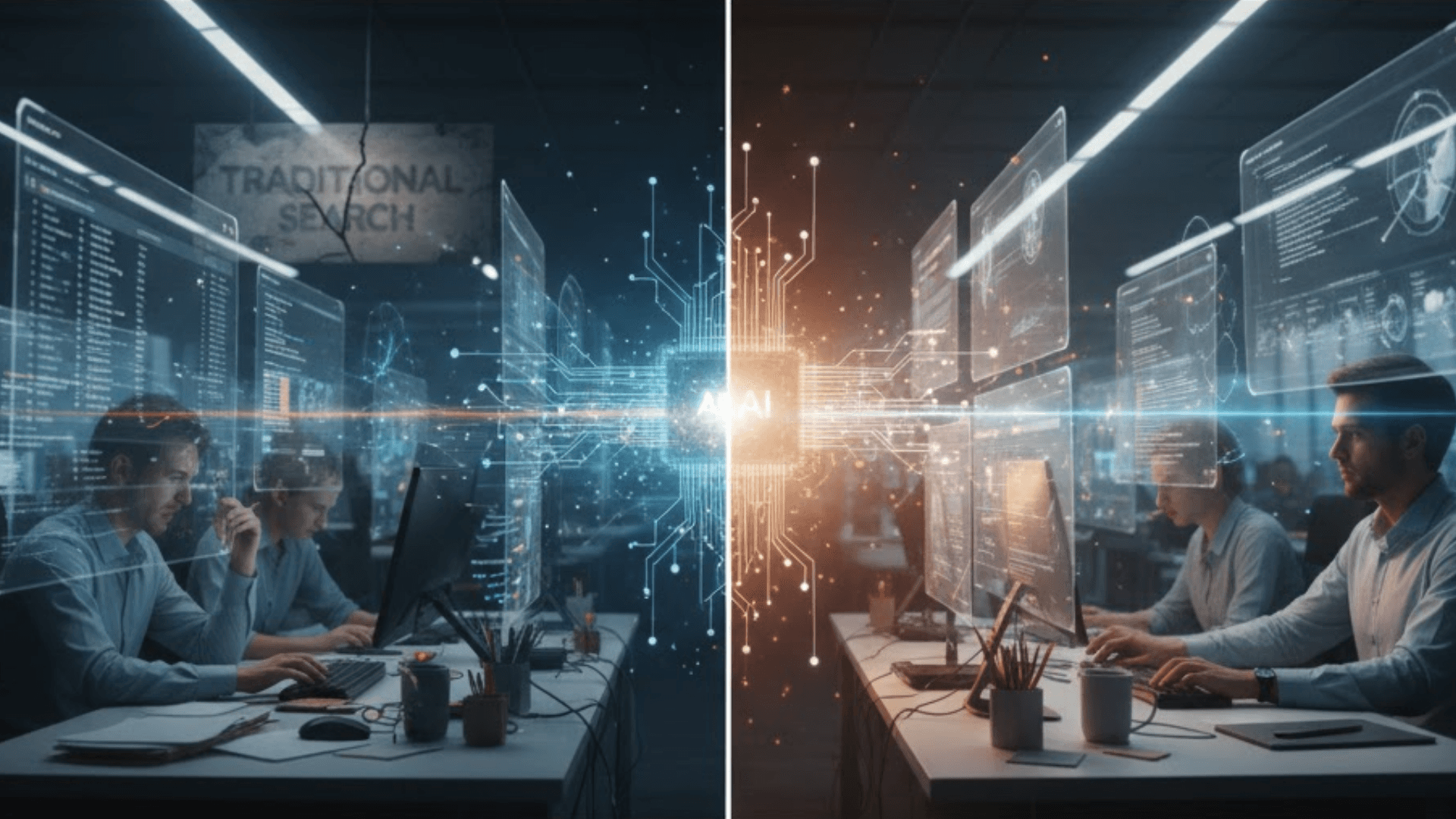 A cinematic 16:9 split-screen comparison in a modern office. The left side is dimly lit and chaotic, showing developers struggling with cluttered, slow legacy search interfaces and bloated dashboards. The right side is brightly illuminated and streamlined, featuring a high-performance workspace with glowing AI-first interfaces, integrated code editors, and sleek digital displays symbolizing fast, augmented development. A central glowing circuit-like divider marks the transition from stagnant traditional search to inevitable AI-driven execution.
