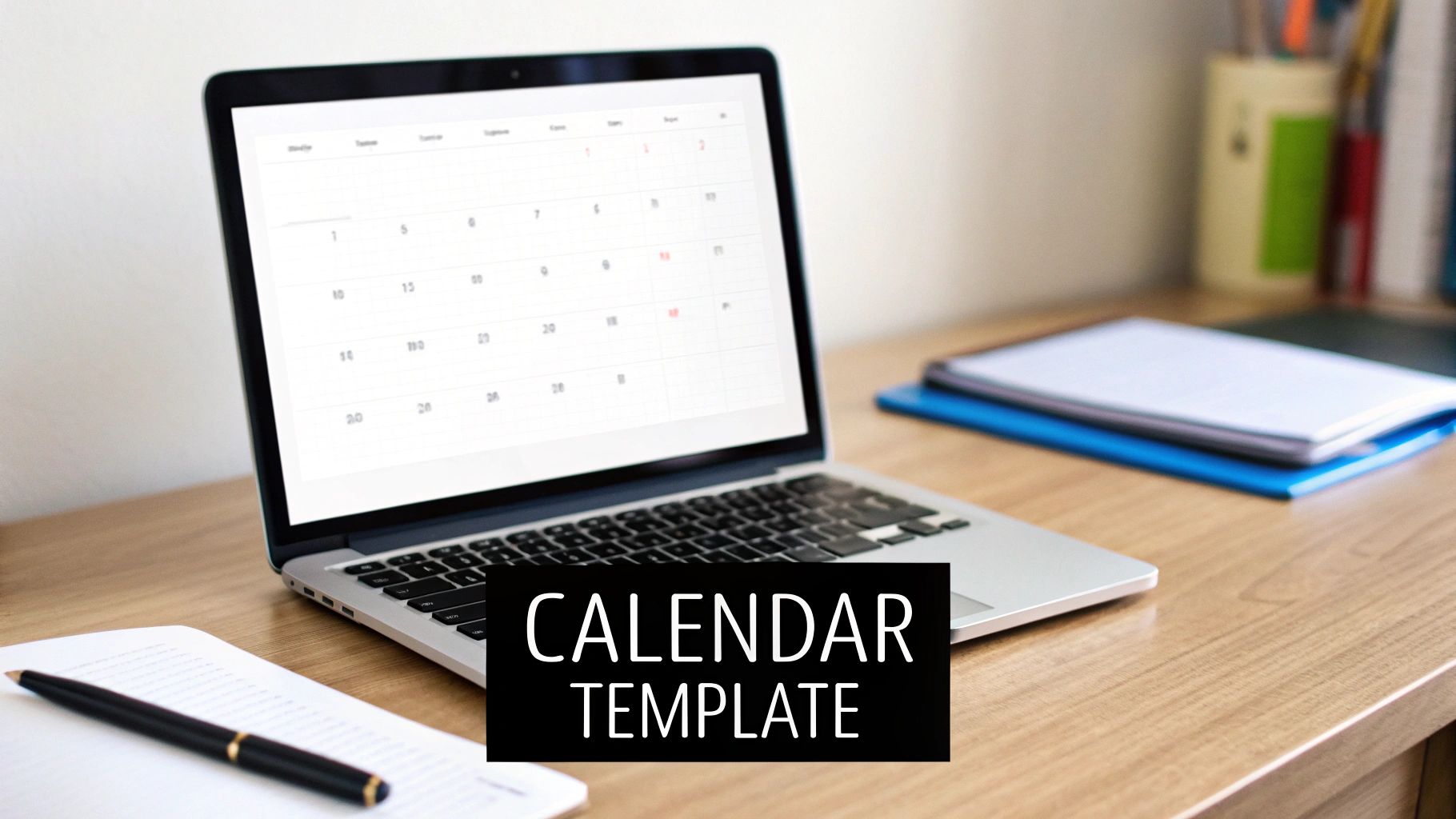 A laptop displays a calendar template on its screen, positioned on a wooden desk alongside a pen and notebook.