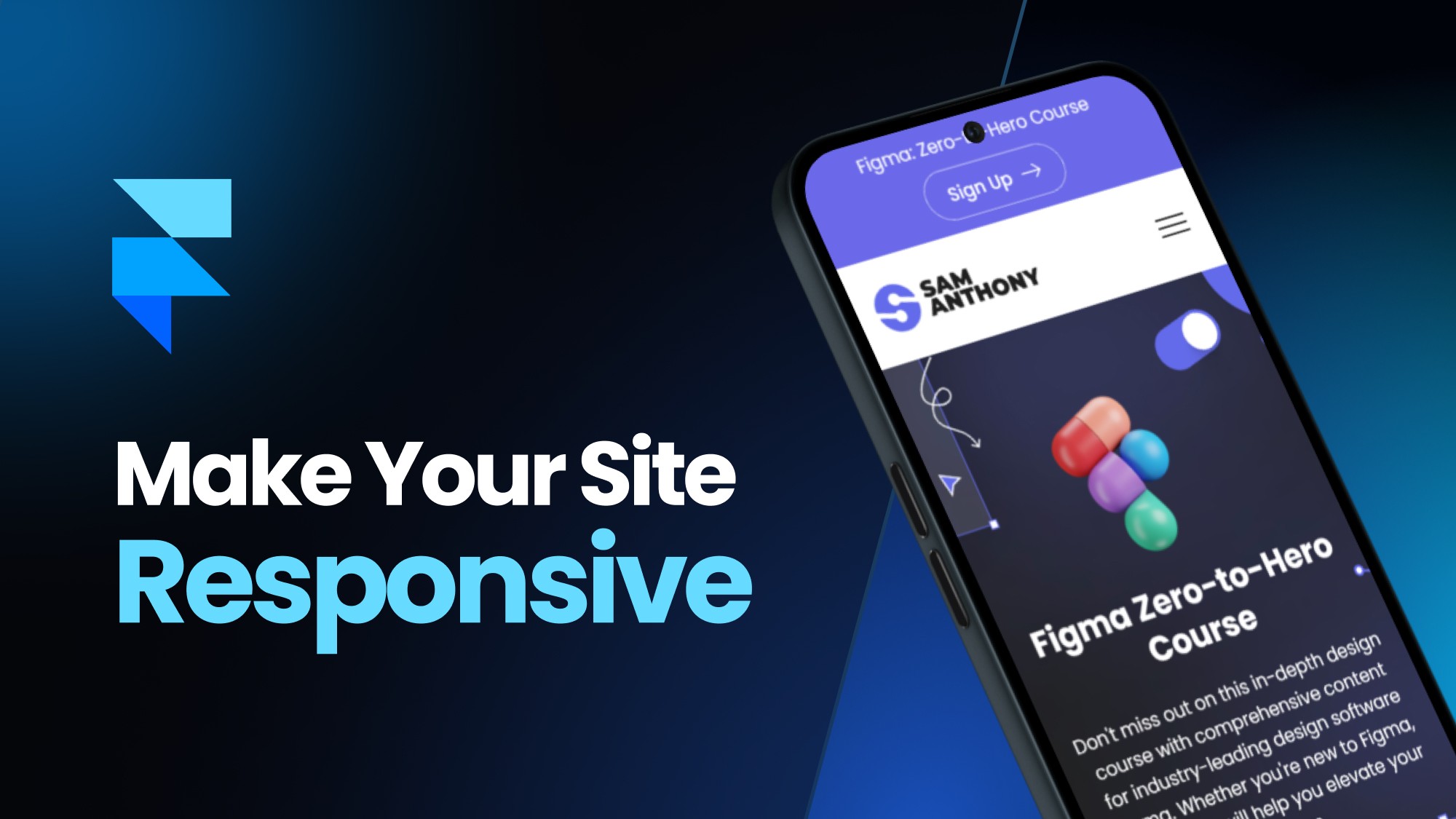 The words make your site responsive next to a 3D mockup of a mobile phone with the Sam Anthony Design website open