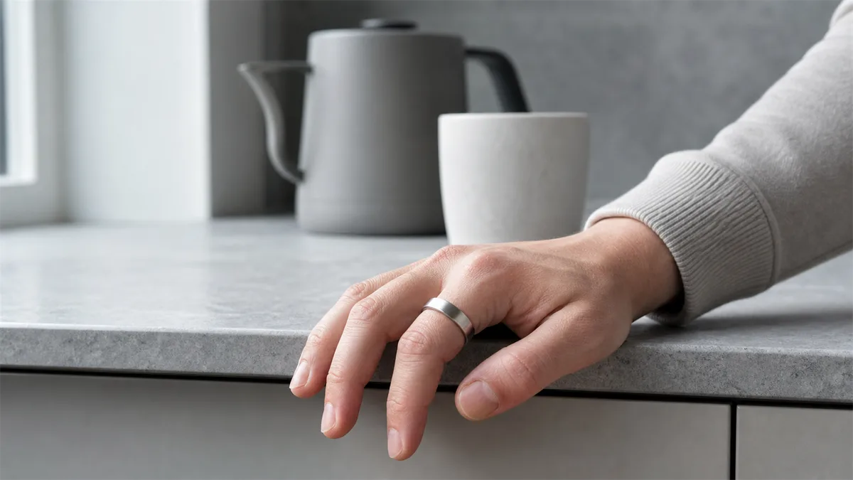 Hand wearing a plain metal zikr ring on a cool grey kitchen worktop in morning daylight