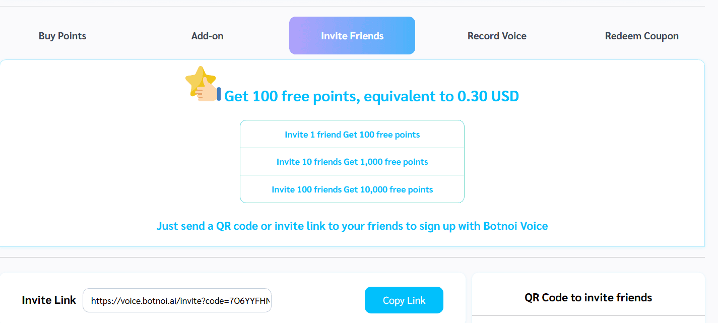 Invite Friends section offering 100 free points per referral, with invite link and QR code options.