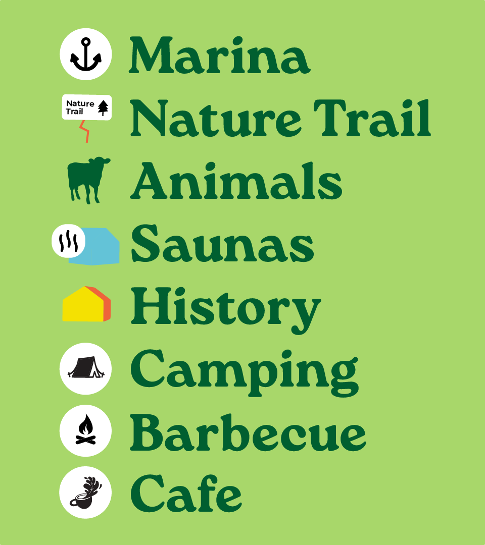 A clean typographic list of island services—Marina, Nature Trail, Animals, Saunas, History, Camping, Barbecue, and Cafe—each paired with a custom brand icon.