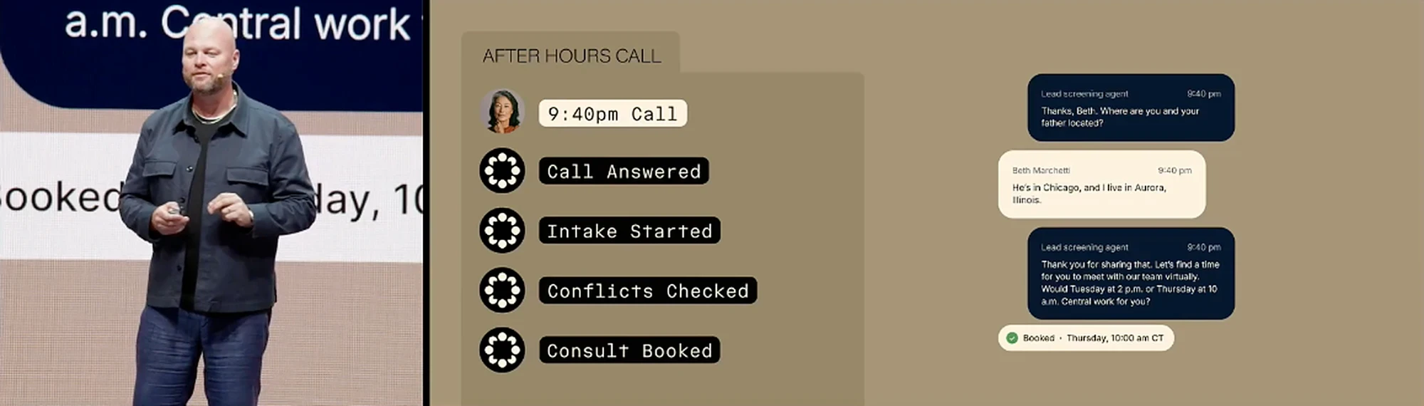 Clio ClioCon 2026 keynote: an after-hours call at 9:40 pm handled by Clio Grow's lead screening agent, with the steps Call Answered, Intake Started, Conflicts Checked and Consult Booked beside a text conversation that books a Thursday 10:00 am consult