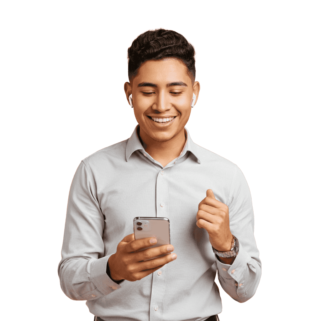 Portrait of a fair-skinned Latino man. He is wearing a professional dress shirt folded over his gray forearm, with airpods in his ear, holding and looking happily at an iphone.