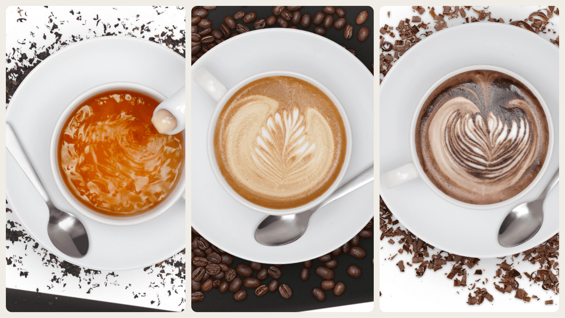 A visual asset breakdown for the M&S coffee machine UI. Three side-by-side product photos show a cup of tea being prepared, a latte with latte art, and a chocolate drink, serving as high-quality imagery for the machine's interactive screen.