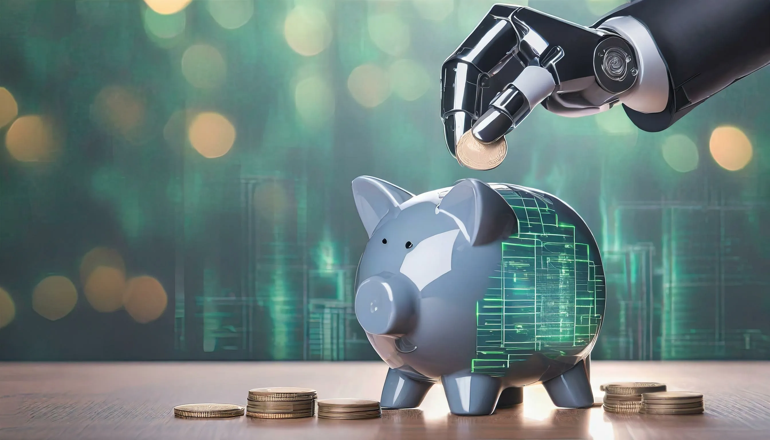 A robotic hand places a coin into a piggy bank with digital patterns, symbolizing AI and finance.
