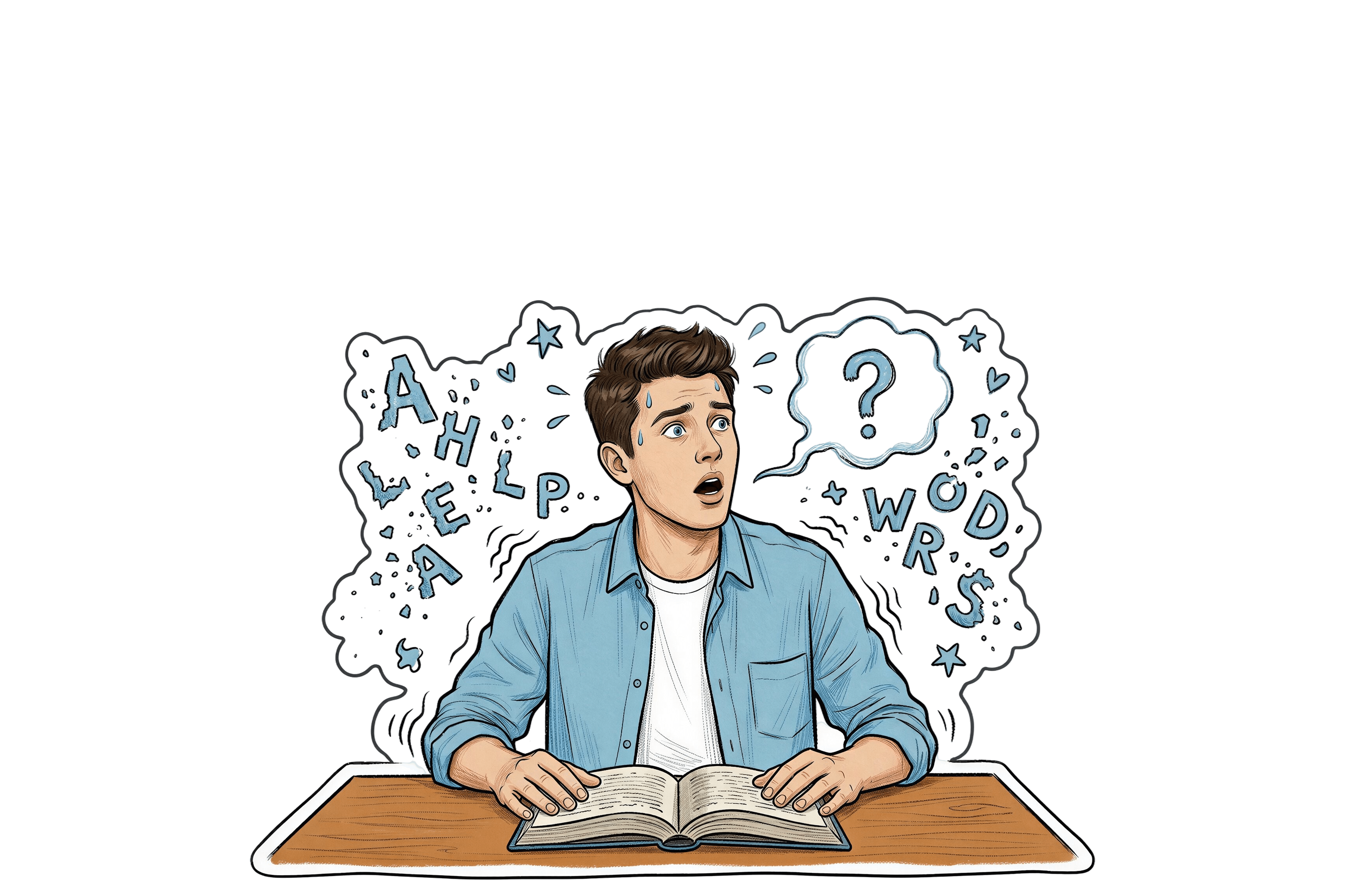 A young male student sitting at a desk looking panicked, surrounded by scattered letters and a question mark cloud, illustrated in a doodle comic style.