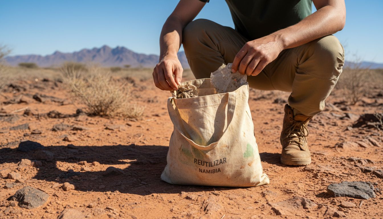 Viajero comprometido con el medio ambiente recoge basura en el desierto de Namibia