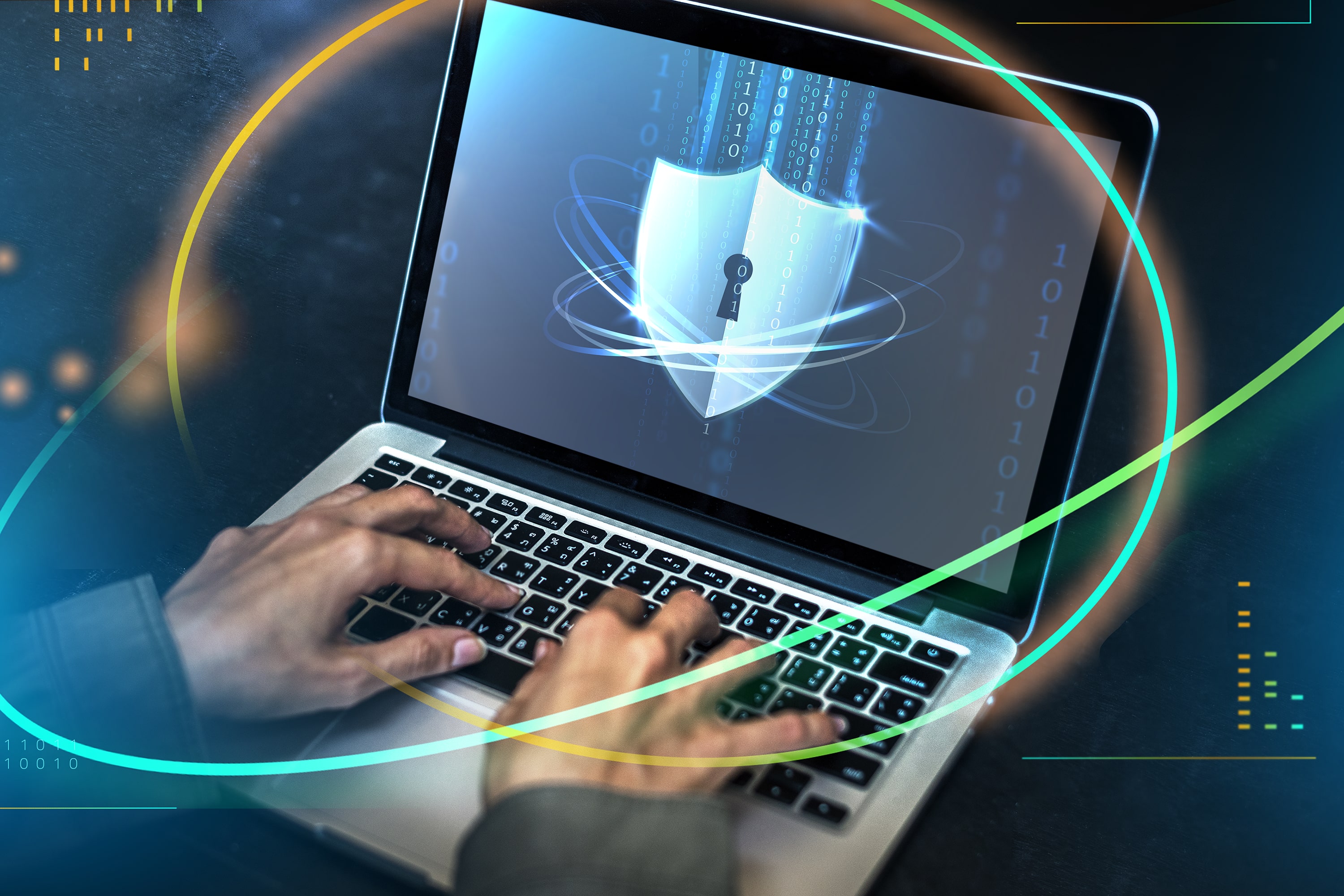 A cybersecurity professional typing on a laptop with a glowing shield and binary code on the screen, illustrating the concepts of data protection, encryption, and network security.
