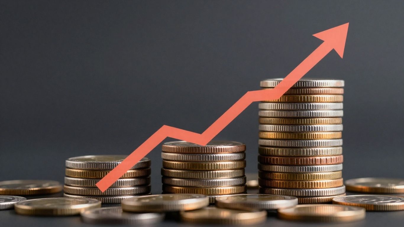 Coins stacked with upward trend, coral and orange accents.