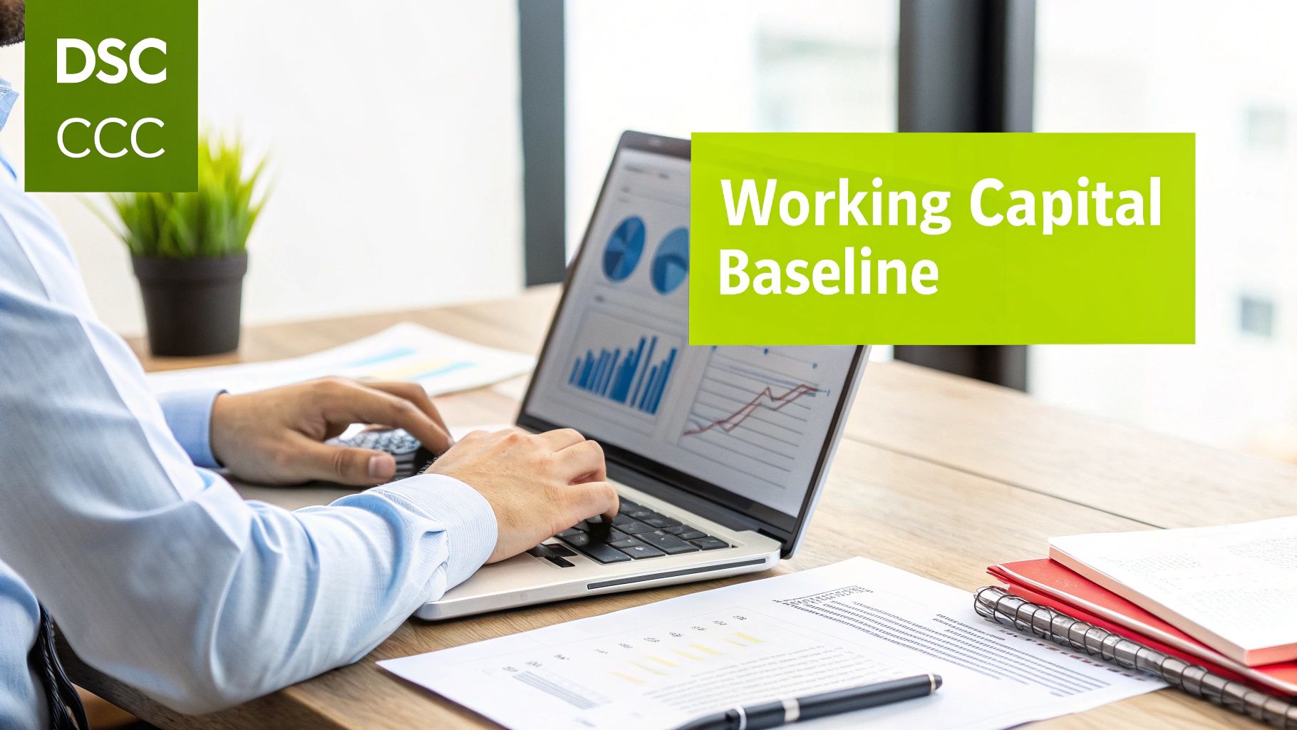 Person working on a laptop displaying financial charts and graphs for working capital analysis.
