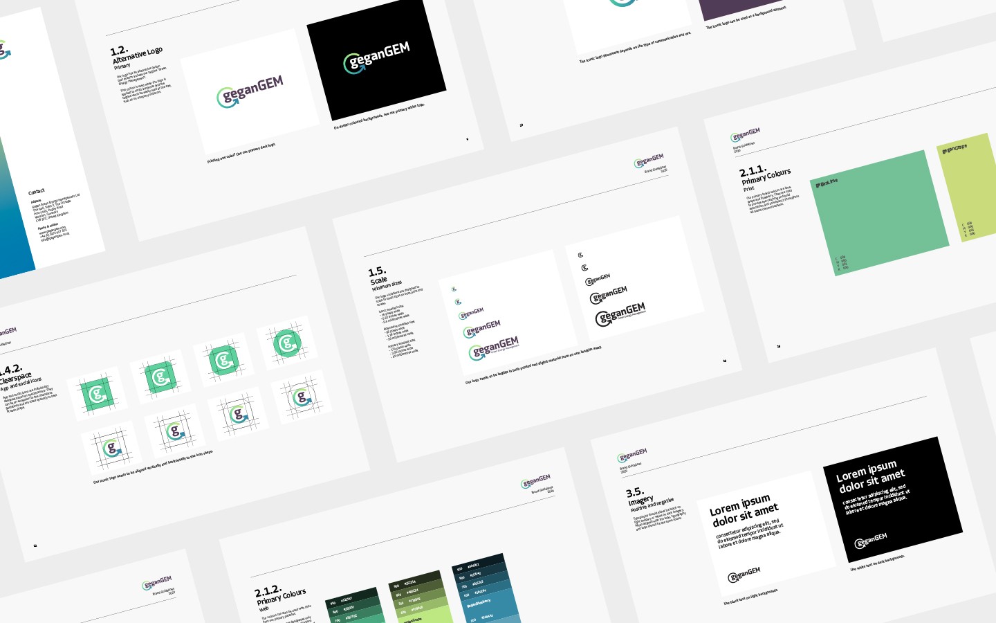 Brand guidelines document for green energy management company gegan, with examples on how to use logos and colours