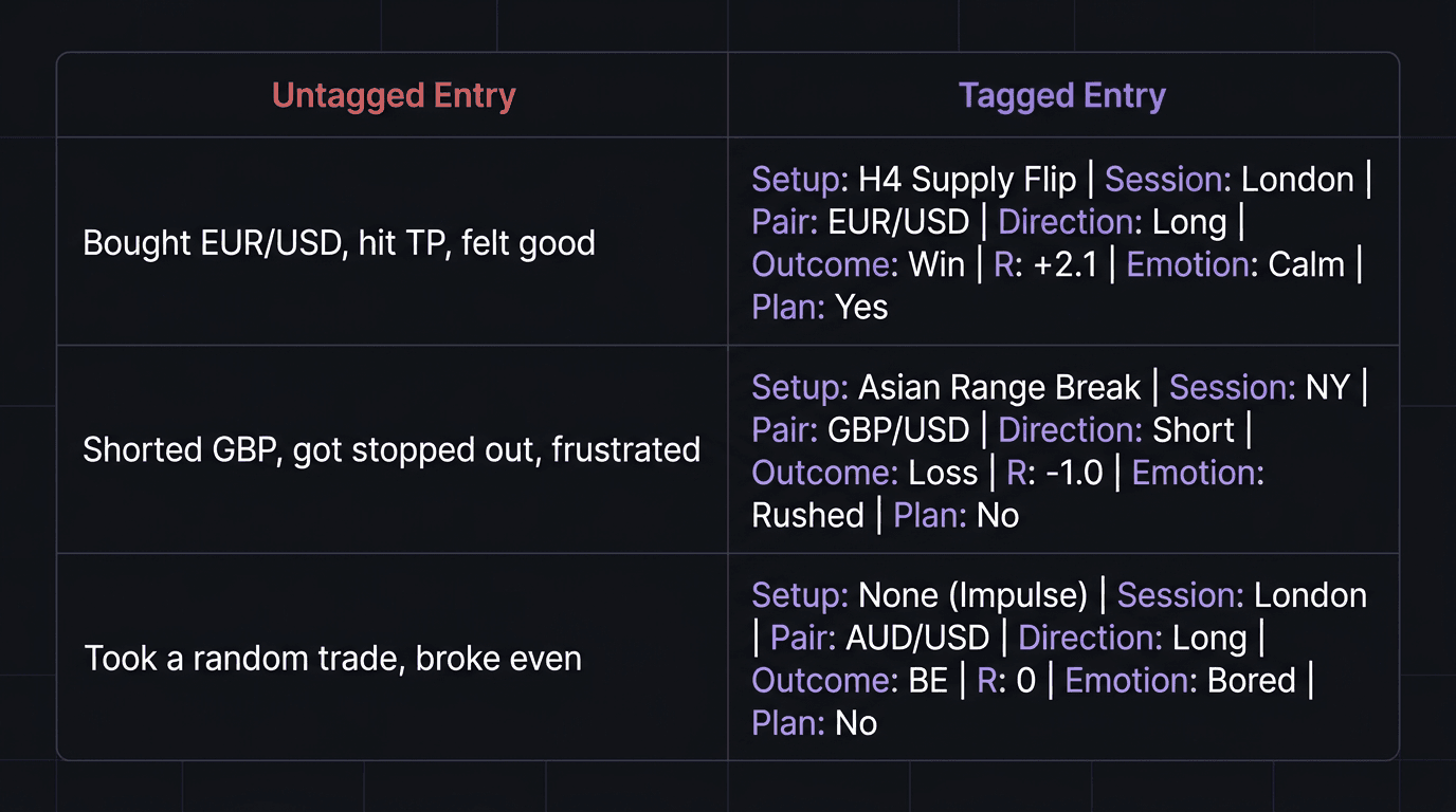 Comparison table showing untagged journal entries versus tagged journal entries with filterable fields