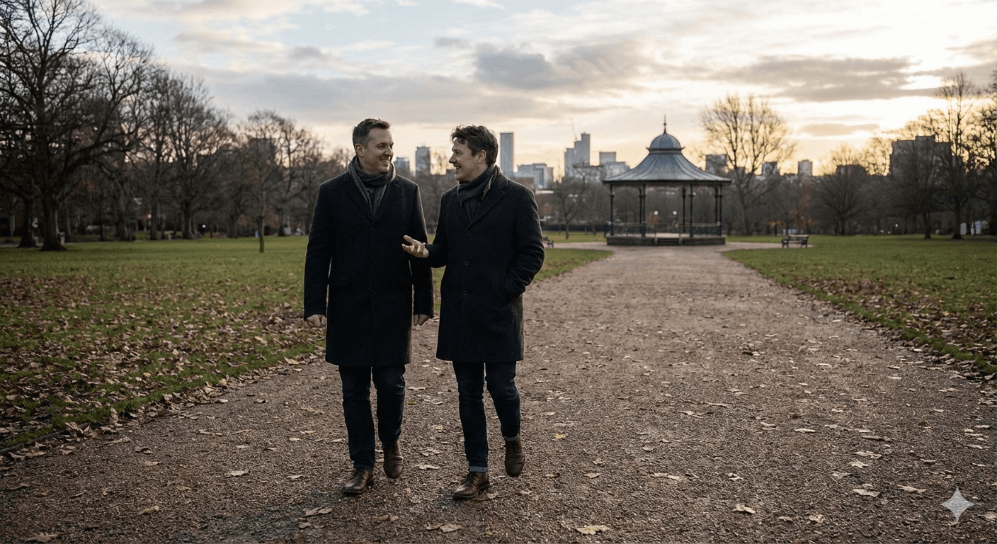 Two people walking and talking in a Manchester park, bundled up in coats, with open space and trees in the background.