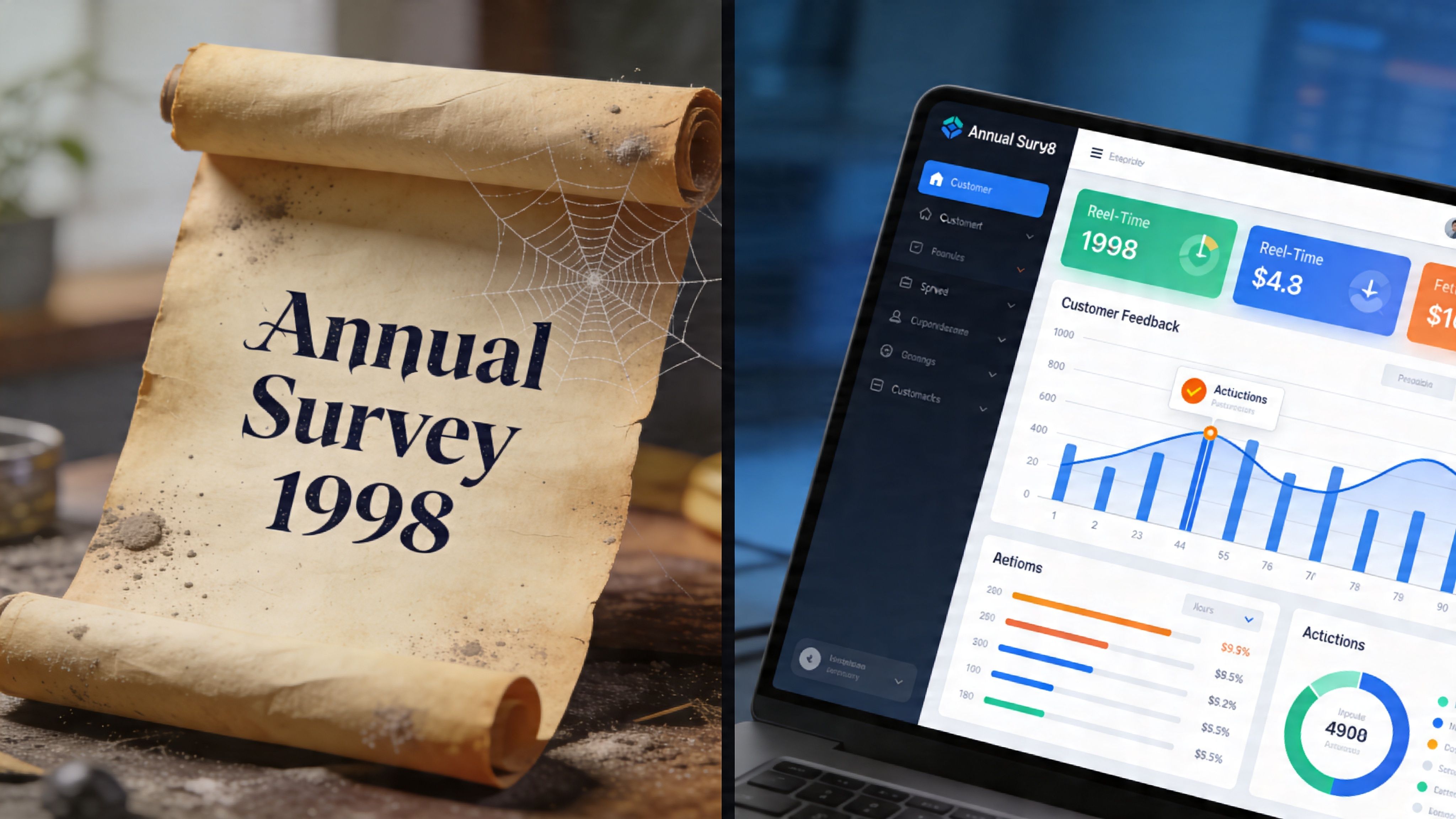 A split image showing an old dusty scroll labeled Annual Survey 1998 beside a modern digital dashboard.