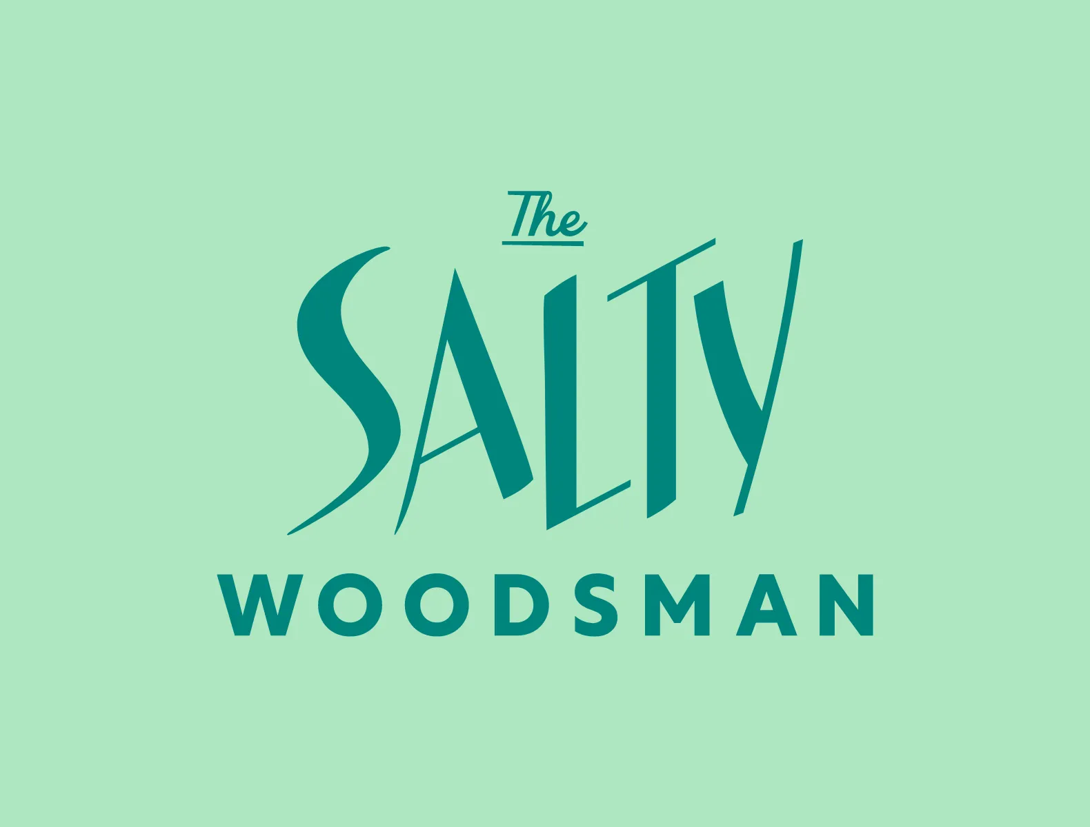 The Salty Woodsman wordmark in teal on a turquoise background.