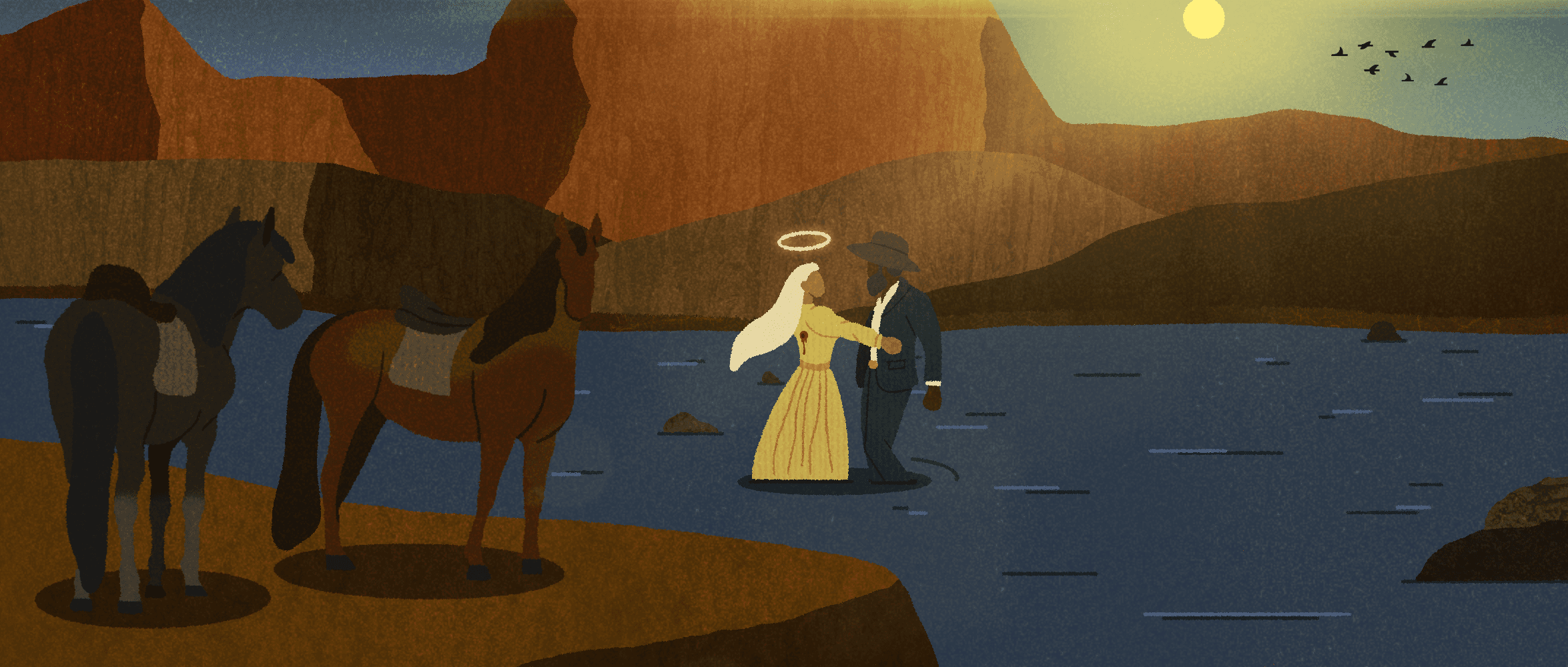 Illustration of a couple dancing fully clothed in a calm river. Their horses watch from the bank.
