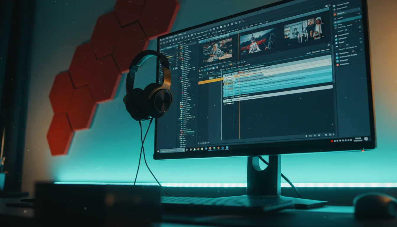 DSLR photography of a video editor's desk, close-up angled shot with a moody atmosphere. A computer monitor displays the Final Cut Pro software interface with a detailed video timeline. Black headphones with a gold accent hang from the side of the monitor. The scene is illuminated by cinematic contrast lighting, with a vibrant teal LED glow from behind the desk and warm light on the wall. In the background, red-orange acoustic foam panels are mounted diagonally. Shallow depth of field with a dark, out-of-focus foreground element.