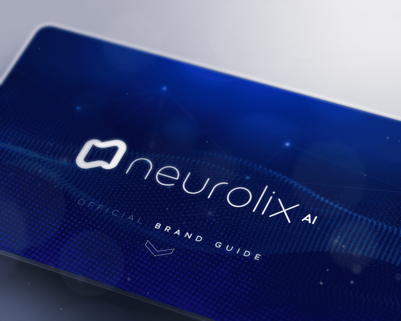 Neurolix AI brand guide cover mockup displaying tablet device at angle showing full logo lockup with abstract brain mark and "Official Brand Guide" title on dark blue halftone texture background with subtle particle effects.