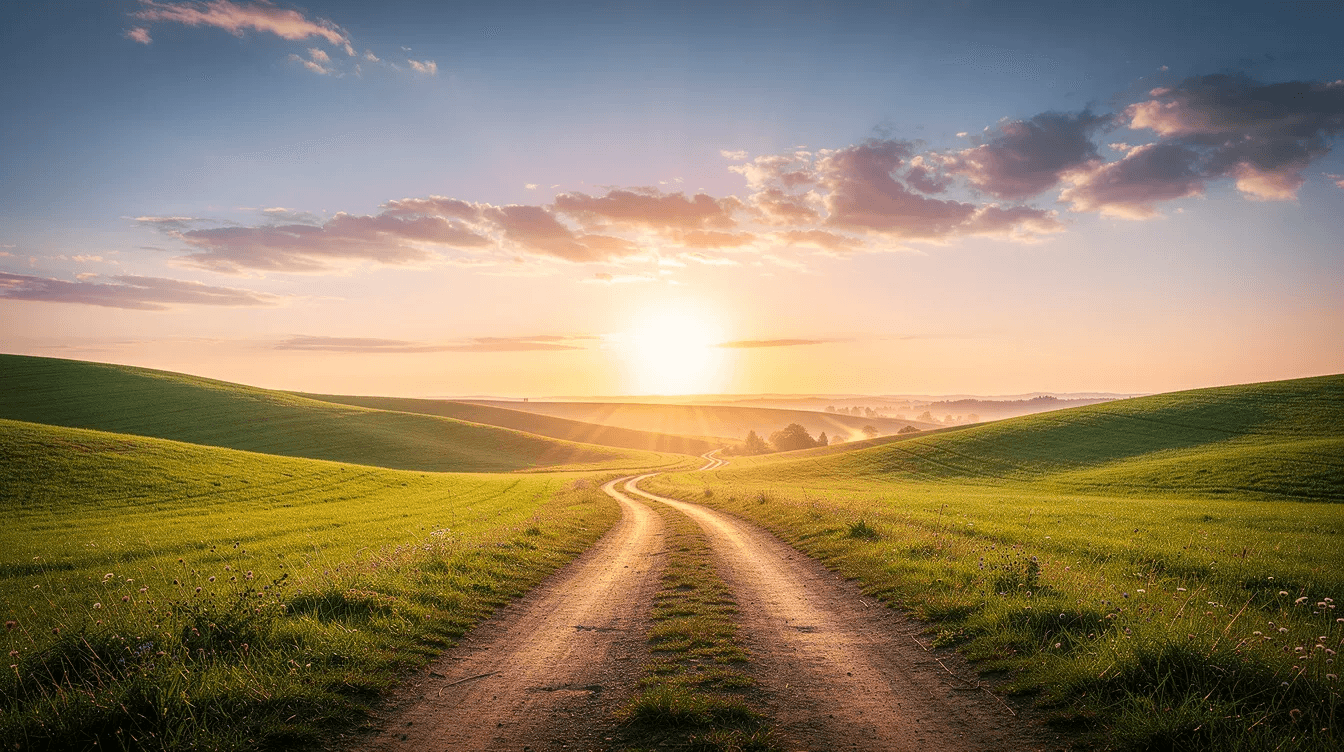 The image depicts a serene sunrise illuminating a winding path through a lush green landscape, symbolizing the journey of creating a personal mission statement and embracing new directions in life. This scene reflects the importance of clarity, intention, and defining one's core values as one navigates personal goals and aspirations for a positive impact on the future.