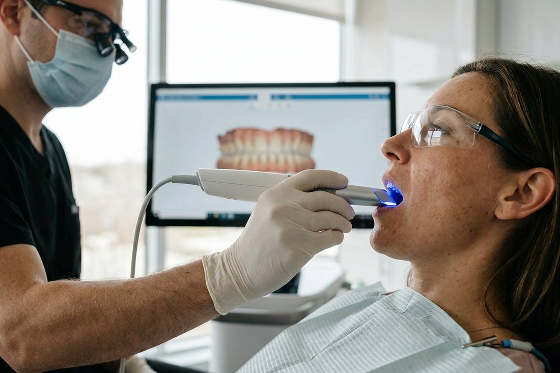 Dentist taking a digital scan of a tooth during a crown procedure